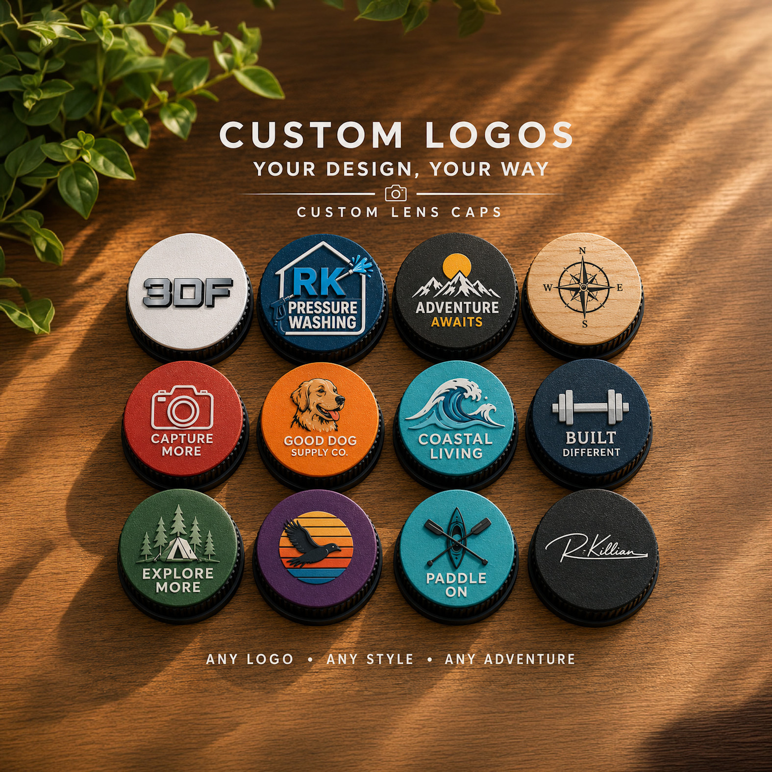 Twelve custom rear lens caps arranged in a grid on a sunlit wooden surface, each printed with a different design including business logos, a compass rose, a golden retriever, ocean waves, a dumbbell, a campsite among pine trees, a kayak, and a script signature reading R. Killian.