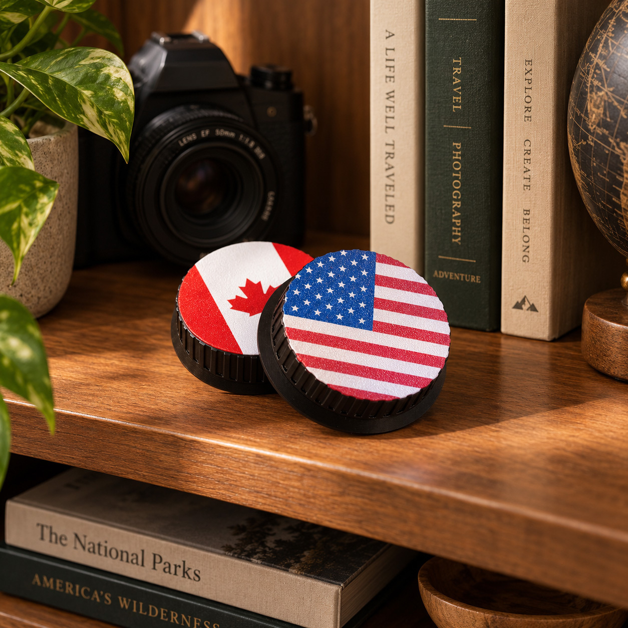 Two 3D-printed rear camera lens caps standing upright on a wooden shelf, one printed with the Canadian flag and one with the United States flag, beside a film camera and a row of photography books.