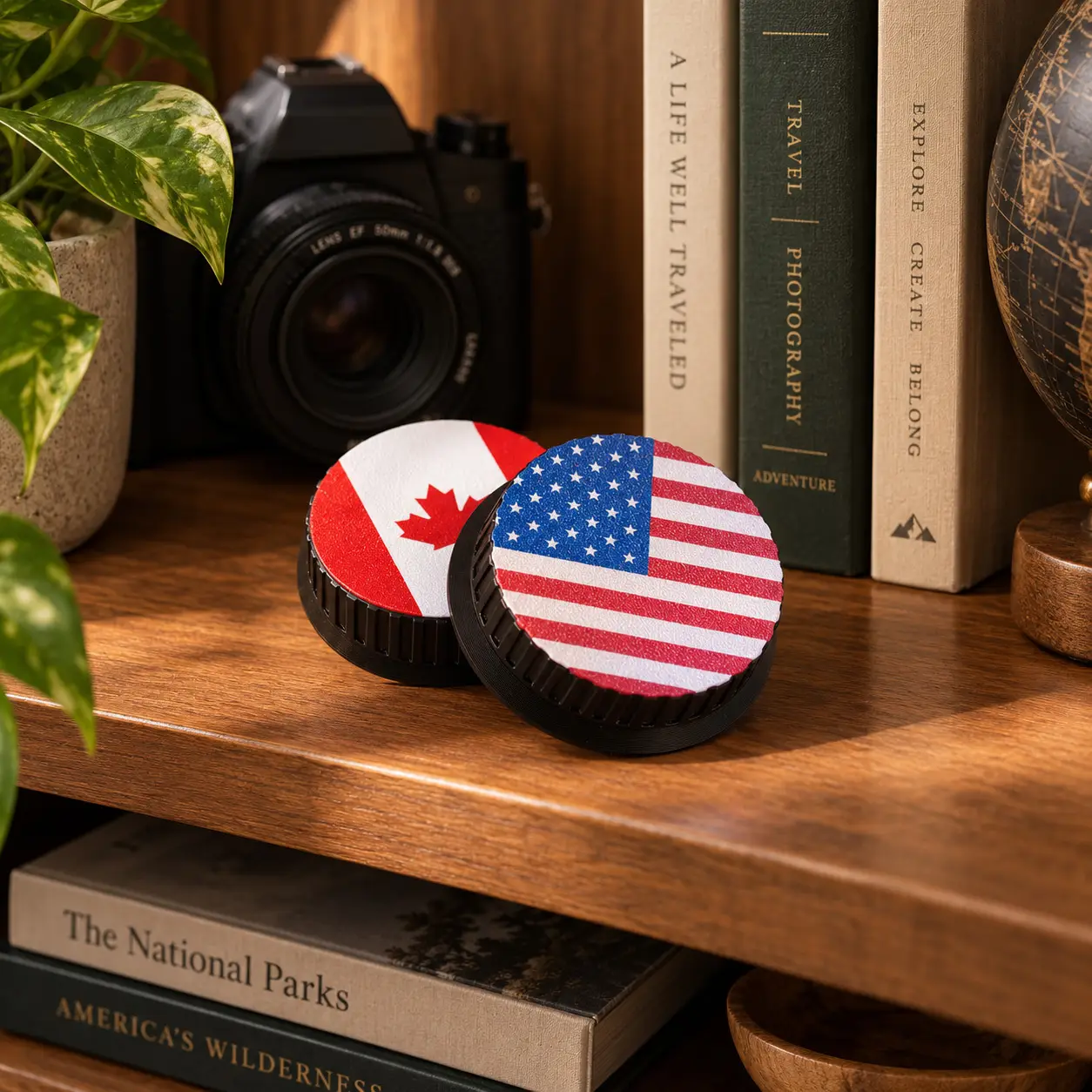 Two 3D-printed rear camera lens caps standing upright on a wooden shelf, one printed with the Canadian flag and one with the United States flag, beside a film camera and a row of photography books.